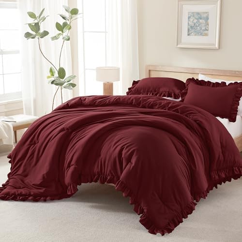 Andency Burgundy Comforter Set Full Size, 3 Pcs Solid Ruffle Vintage