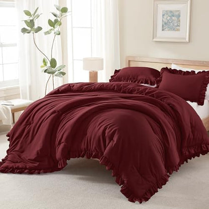 Andency Burgundy Comforter Set Full Size, 3 Pcs Solid Ruffle Vintage