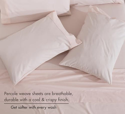 RUVANTI 100% Cotton Percale King Sheets, King Size Sheets Set, Soft Peach