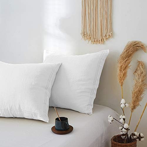 Simple&Opulence 100% French Linen Euro Shams with Embroidery (26'' x 26'') - Pack of 2 - Pre Washed Solid Color Natural Flax Soft Breathable - White