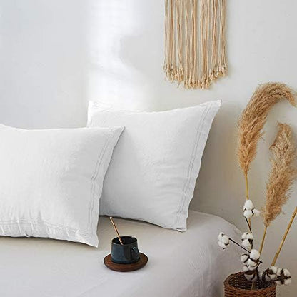 Simple&Opulence 100% French Linen Euro Shams with Embroidery (26'' x 26'') - Pack of 2 - Pre Washed Solid Color Natural Flax Soft Breathable - White