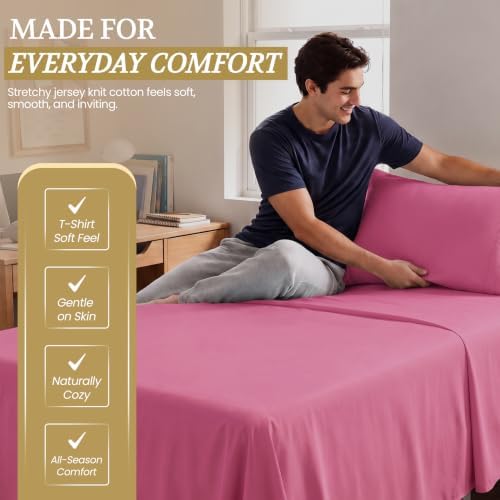 Twin XL Cotton Knit Jersey Sheet Set, 15" Deep Pocket, Pink, 3PC