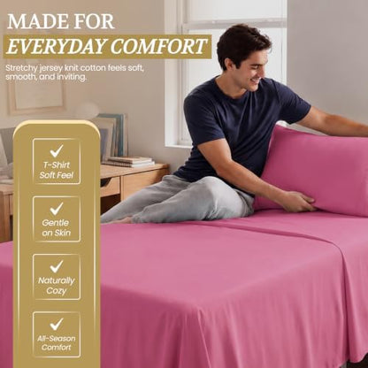 Twin XL Cotton Knit Jersey Sheet Set, 15" Deep Pocket, Pink, 3PC