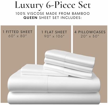 Bamboo Bay 6 Piece Queen Size Sheet Set, 100% Viscose Made from Bamboo, Breathable, Ultra Soft Cooling Bed Sheets for Hot Sleepers, Beddings with Deep Pockets Fit 16" Mattress, White