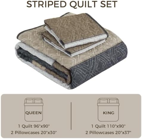 Cottolester Quilts Queen Size,Grey Brown Striped Bedspread Coverlet Set