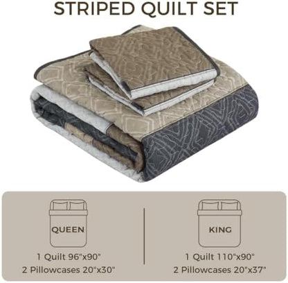 Cottolester King Quilt Set,Grey Brown Striped Plaid Bedsperad Coverlet Set