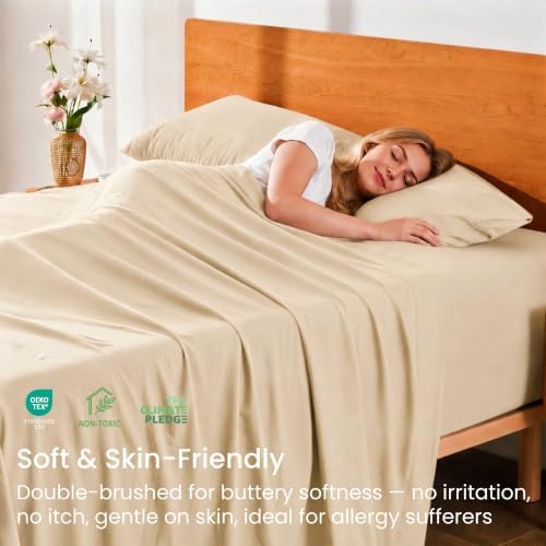 GOKOTTA 4 Piece Queen Sheet Set - Soft, Breathable & Cozy - Tan/Beige