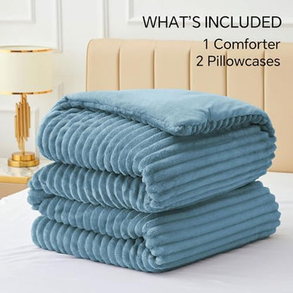 BEDELITE Fleece King Comforter Set, Fluffy Bed Set, Blue Fog