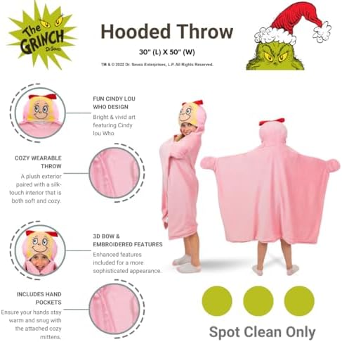 Dr. Seuss The Grinch Cindy Lou Hooded Throw - Kids Holiday Christmas Bedding Super Soft Throw Blanket - 30 in x 50 in, (Officially Licensed Product) by Franco