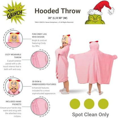 Dr. Seuss The Grinch Cindy Lou Hooded Throw - Kids Holiday Christmas Bedding Super Soft Throw Blanket - 30 in x 50 in, (Officially Licensed Product) by Franco