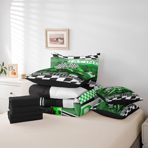 Boys Racing Game Comforter Set Bed in a Bag 7 Pieces King,3D Race Car Camouflage Print Bedding Set,Extreme Sports Gamer (Comforter+Fitted+Flat Sheet+2 Pillowcases+2 Throw Pillow Covers)
