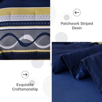 Anibedding Navy Blue Comforter Set King Size,8 Pieces Striped Bed in a Bag