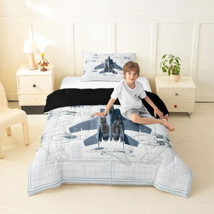 Erosebridal Fighter Aircraft Kids Comforter Sets Military Jet Toddler Bedding Set for Boys Girls Hand Drawn Grid Aircraft Comforter Set Modern Flying Airplane Quilt Duvet 2 Pcs