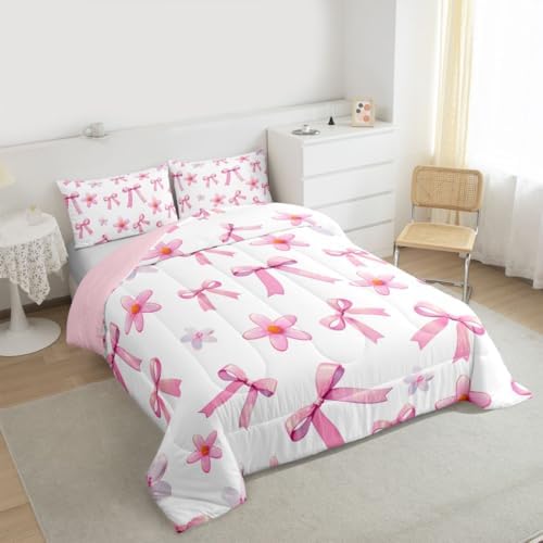 jejeloiu Pink Bow Comforter Set All Season Kawaii Bowknot Bedding Set with 2 Pillow Cases Dreamy Princess Style Microfiber Kids Full Bedclothes Cute Bow Bedroom Decor Duvet Quilt Breathable Soft