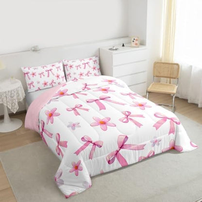 jejeloiu Bow Comforter Set Kawaii Bowknot Bedding Set Twin Size 2 Pcs