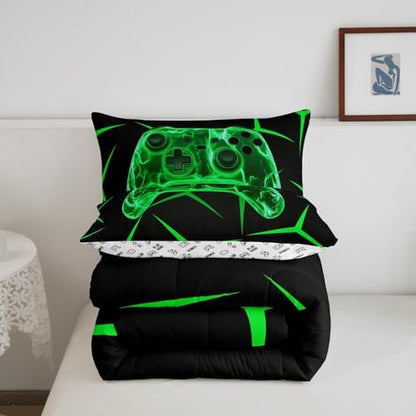 Castle Fairy Black Green Games 3 Pcs Queen Size Comforter Set,Geometric Honeycomb Gaming Down Alternative Adults Room Decor,Game Controller Ultra Soft Microfiber Inner Fill 3Pcs Bedding