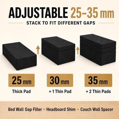 LveSunny 24Pcs Extra Large Headboard Stoppers for Wall, 4 x 2 Inch EVA Foam Furniture Wall Protectors, 8Pcs 1 Inch Thick + 16Pcs 0.2 Inch Thick Bed Frame Noise Stoppers, Couch Wall Spacers, Black