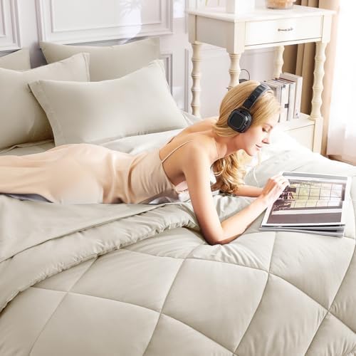 CozyLux California King Comforter Set 104"x96", 7 Piece, Oatmeal