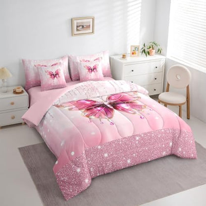 Feelyou Pink Butterfly Comforter Set with Sheets 7 Piece Twin Size Dreamy