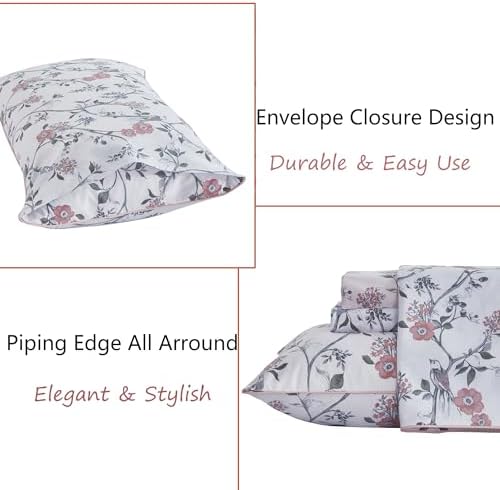 FADFAY Sheets Set Twin Rustic Bird Floral Bed Sheets Set Vintage Botanical Bedding Shabby Branches Leaves Bedding Collections 100% Egyptian Cotton Breathable Soft 17.7" Deep Pocket 4Pcs, Twin Size