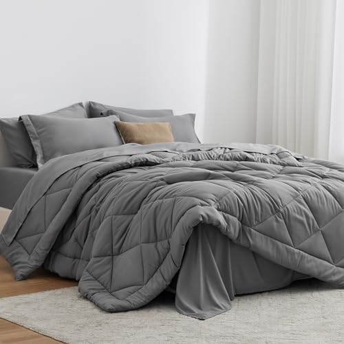 Love's cabin Full Comforter Set Grey, 7 Pieces Full Bed in a Bag, All Season Bedding Sets with 1 Comforter, 1 Flat Sheet, 1 Fitted Sheet, 2 Pillowcase and 2 Pillow Sham