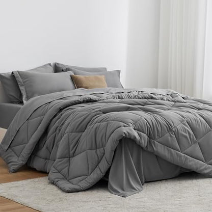 Love's cabin King Size Comforter Set Grey, 7 Pieces King Bed in a Bag, All Season Bedding Sets with 1 Comforter, 1 Flat Sheet, 1 Fitted Sheet, 2 Pillowcase and 2 Pillow Sham