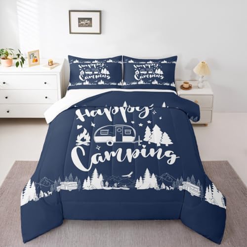 Happy Camping Comforter Set King Size,Camper RV Trailer Decor Rustic Bedding Set 3pcs for Kids Boys Girls Adults,Mountain Travel Adventure Down Comforter,Navy Blue Retro Duvet Insert,2 Pillowcases