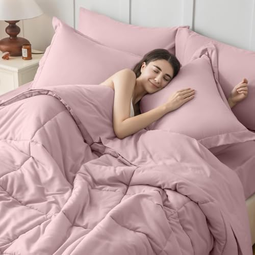 JOLLYVOGUE King Comforter Set, Ultra-Soft Bed in a Bag King Size 7 Pieces, Oeko-TEX Certified Bedding Set with Down Alternative Comforter, Sheets, Pillowcases & Shams, Camio Pink