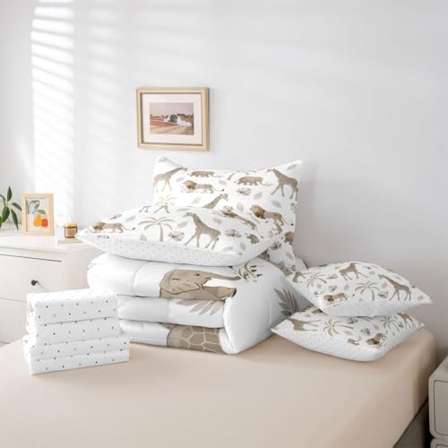 Erosebridal Jungle Animals 7 Piece Bedding Set Full Elephant Lion Giraffe Animal Comforter Set with Sheets African Bed in A Bag Hunter Brown Wildlife Bed Sets with 2 Pillowcases, 2 Throw Pillow Covers