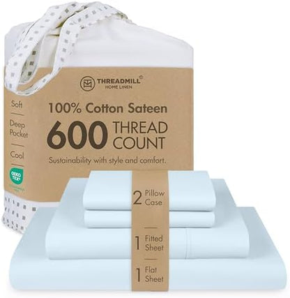 Threadmill 600 Thread Count Cotton Cal King Sheet Set, Sateen, Blue