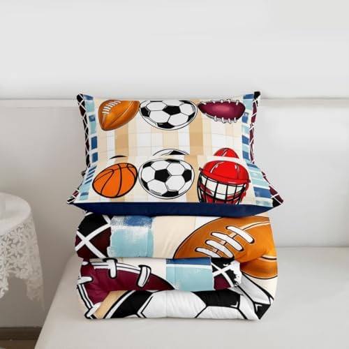 jejeloiu Ball Games Kids Comforter Set King Size Soccer Basketball Baseball Football Bedding Set Gaming Sports Duvet Quilt for Kids Boys Girls Bedroom Sports Theme Decor Microfiber Ultra Soft