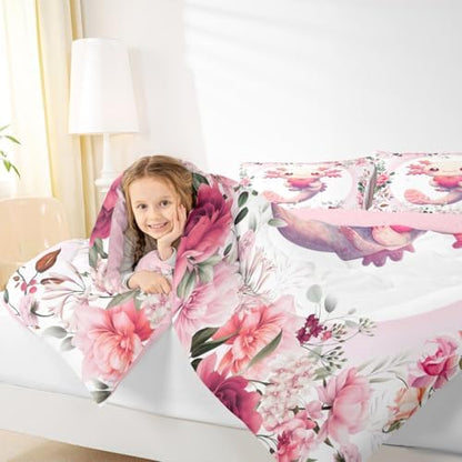 Feelyou Pink Cute Axolotl Comforter Set Queen Size Kids Cartoon Salamander Bedding Set for Boys Girls Flower Floral Pattern Duvet Quilt Kawaii Reptile Animal Ocean Sealife Room Decor