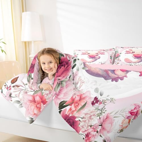Feelyou Pink Cute Axolotl Comforter Set King Size Kids Cartoon Salamander Bedding Set for Boys Girls Flower Floral Pattern Duvet Quilt Kawaii Reptile Animal Ocean Sealife Room Decor