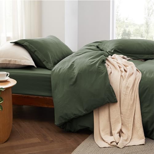Bedsure Prewashed California King Duvet Cover & Fitted Sheet, Olive Green