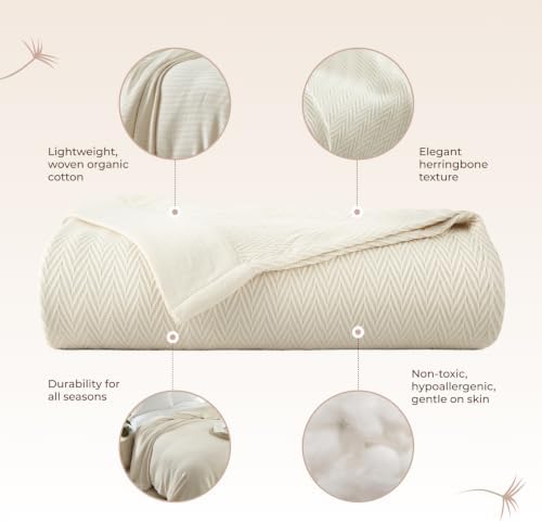 100% Organic Cotton Blanket - GOTS Certified 350GSM Organic Cotton Throw Blanket for Bed with Luxurious & Breathable Herringbone Weave - Great as Bedspread or Coverlet (Natural, Full/Queen)