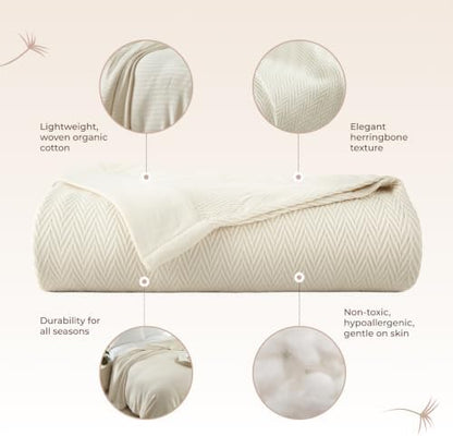 100% Organic Cotton Blanket - GOTS Certified 350GSM Organic Cotton Throw Blanket for Bed with Luxurious & Breathable Herringbone Weave - Great as Bedspread or Coverlet (Natural, Full/Queen)