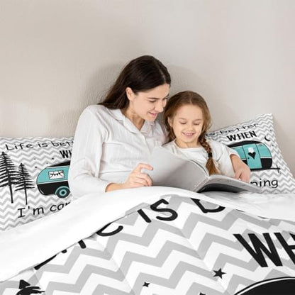 Manfei Kids Adults Camper Comforter Set Queen,Rustic Natural Farmhouse Grey Bedding Set 3pcs for Trailer RV Decor,Moonlight Wild Adventure Quilt Set,Sports Duvet Insert with 2 Pillowcases