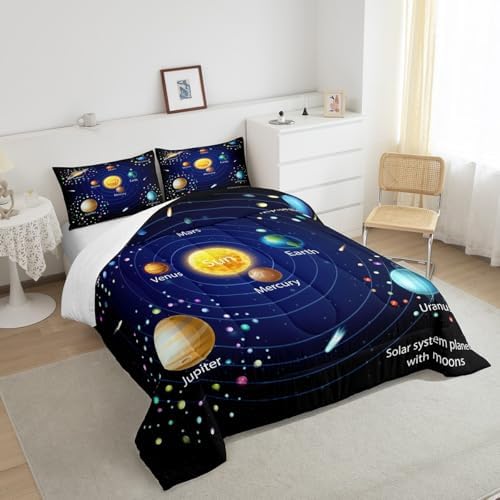 Erosebridal Kids Outer Space Comforter Set, Boys Starry Sky Galaxy Duvet Sets Queen Size Planet Space Down Comforter for Girls Teens Adult Bedroom Decor, Solar System Cosmos Bedding Set, Blue Purple