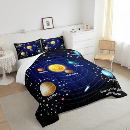 Erosebridal Kids Outer Space Comforter Set, Boys Starry Sky Galaxy Duvet Sets Queen Size Planet Space Down Comforter for Girls Teens Adult Bedroom Decor, Solar System Cosmos Bedding Set, Blue Purple