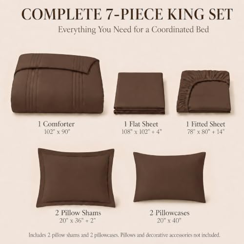 CozyLux King Size Comforter Set Brown- 7 Pieces Bed in a Bag