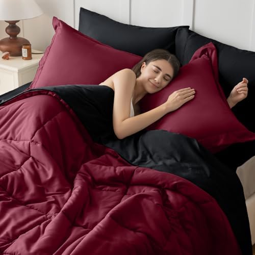 JOLLYVOGUE Full Comforter Set, Ultra-Soft Bed in a Bag Full Size 7 Pieces, Oeko-TEX Certified Bedding Set with Down Alternative Comforter, Sheets, Pillowcases & Shams, Burgundy & Black