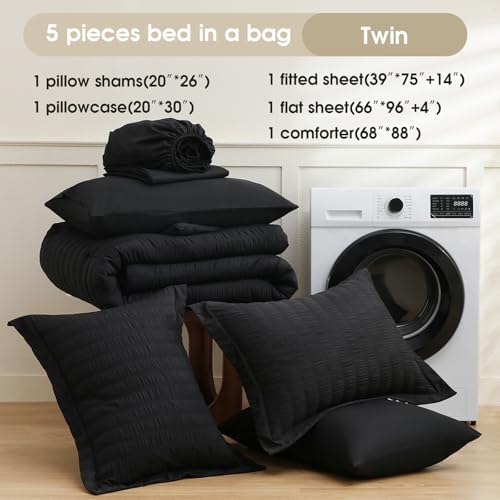 FreshCulture Twin Size Comforter Set Seersucker 5 Pieces, All Season Bedding Set Twin, Soft Bed in a Bag Comforter Set with Comforter, Flat Sheet, Fitted Sheet, Pillowcase and Pillow Sham, Black