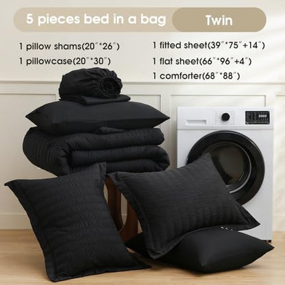 FreshCulture Twin Size Comforter Set Seersucker 5 Pieces, All Season Bedding Set Twin, Soft Bed in a Bag Comforter Set with Comforter, Flat Sheet, Fitted Sheet, Pillowcase and Pillow Sham, Black