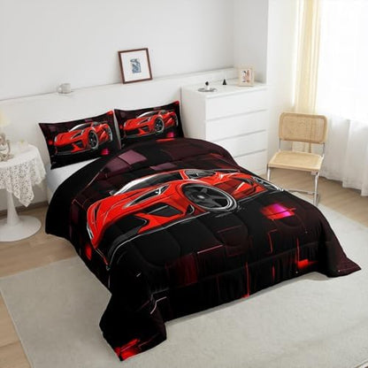 Erosebridal Racing Car Comforter Set Full Red Sports Car Bedding Set for Boys Speed Extreme Sports Theme Down Comforter Car Racing Quilt Black Red Geometric Square Duvet Insert 3Pcs Bedding Decor