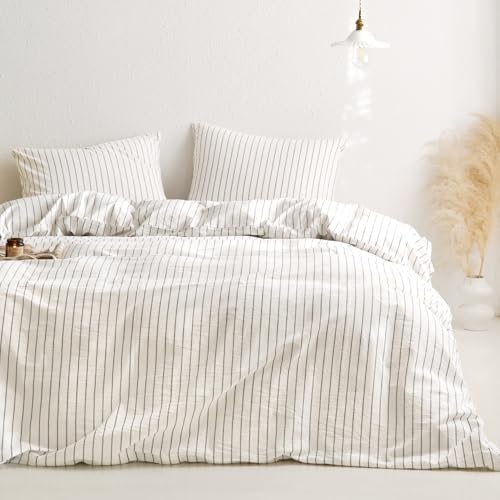 Wake In Cloud Striped Cotton Duvet Cover Set, White, Full