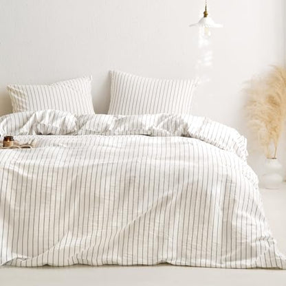 Wake In Cloud Striped Cotton Duvet Cover Set, White, Full