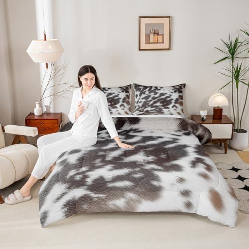 Western Brown Cowhide Comforter Set,Aztec Black White Cow Print Bedding Set King Rustic Farm Animal Down Comforter for Kids Boys Girls Men Women,Cowboy Cowhide Quilt Duvet Set Bedroom Decor 3 Pcs