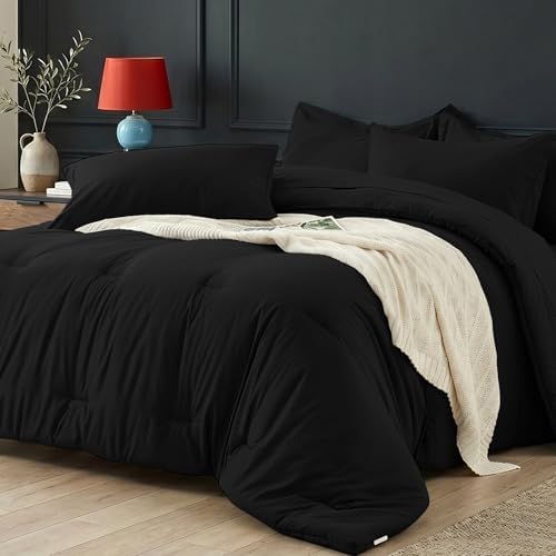 Queen Comforter Set 7 Piece - Black Soft Bed in a Bag Queen Size Comforter Sets, Lightweight Bedding Sets with Down Alternative Comforter, Flat Sheet, Fitted Sheet, 2 Pillowcases & 2 Shams