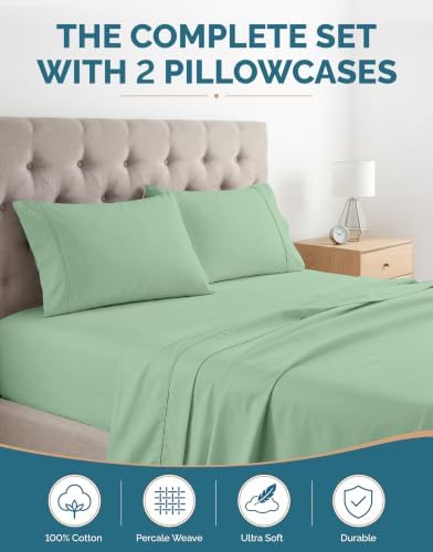 Casa Platino Twin XL Bed Sheets – 100% Cotton Sheets with 2 Pillowcases, Crisp Percale Weave & Cozy Feel, Cooling & Breathable Twin XL Sheet Set with 15" Deep Pocket, Excellent Quality – Sage Green