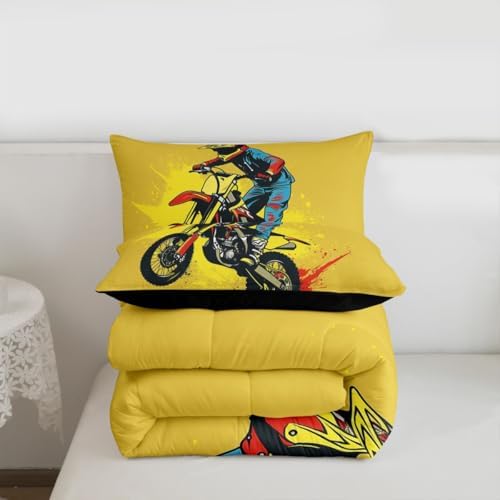 Feelyou Bright Yellow Motocross Kids Comforter Set King Colorful Rider Bedding Set Splatter Print Duvet Quilt for Kids Boys Girls Bedroom Off-Road Racing Decor Dirt Bike Ultra Soft Breathable